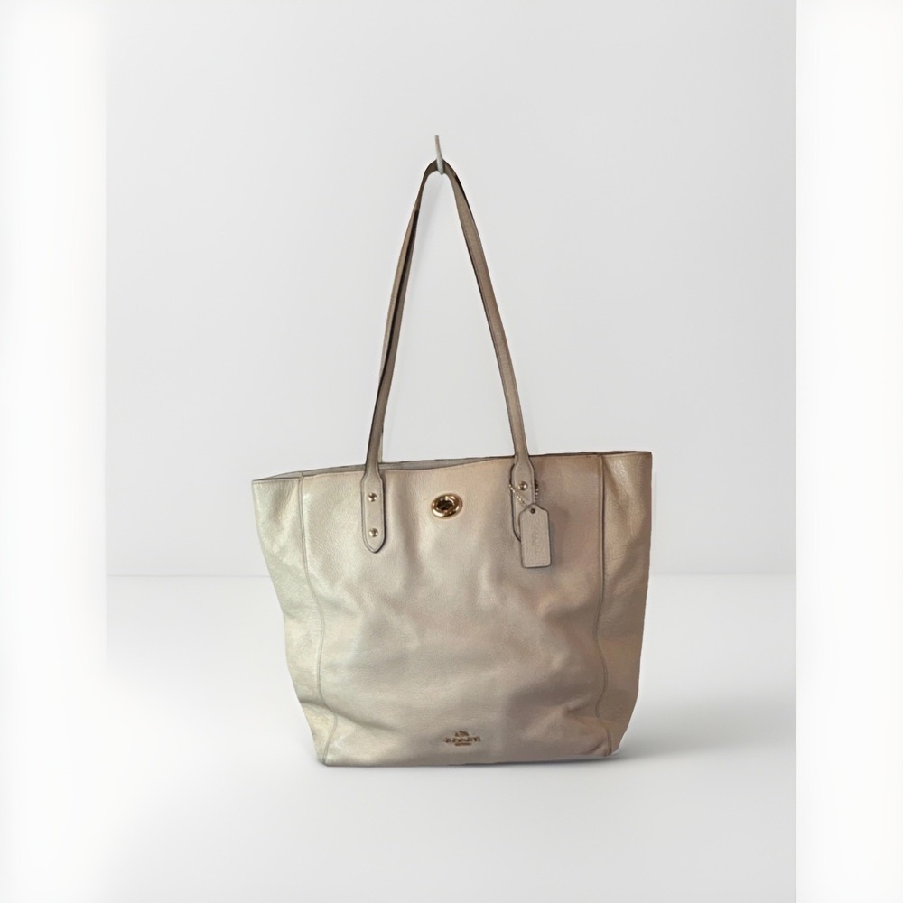 Coach Ivory Pebbled Leather Tote with Logo,‎ Tag, Gold Hardware, Shoulder Strap